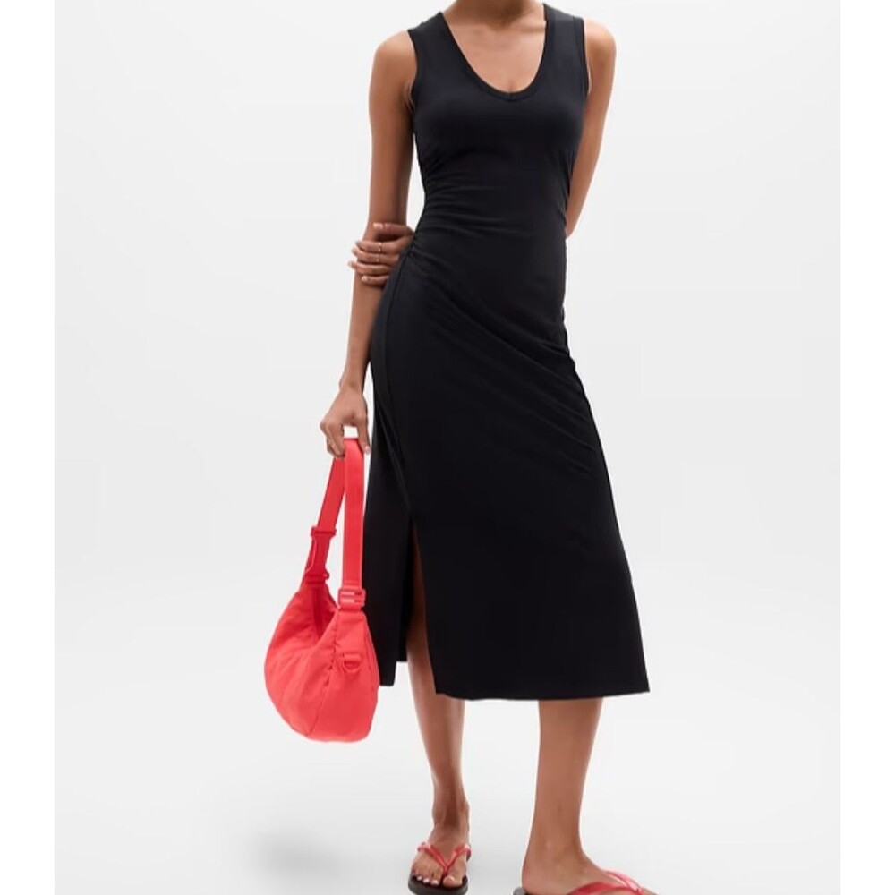 Athleta Large Essential V-Neck Midi Dress Black New Travel Internal Bra Cotton